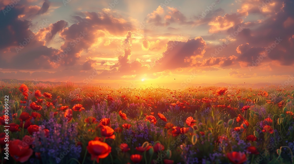 Sunset casts warm hues over field of red poppies and wildflowers under a cloudy sky.