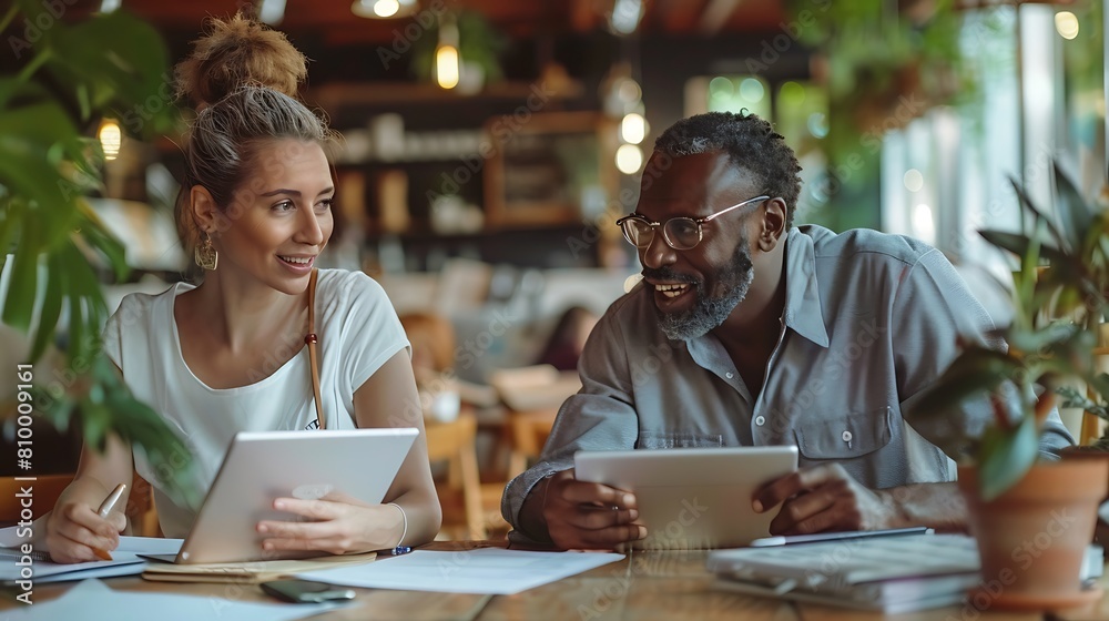 usiness Meeting with Diverse Professionals Using Tablets in Cozy Café Setting with Greenery and Ambient Lighting usiness Meeting with Diverse Professionals Using Tablets in Cozy Café Setting with Greenery and Ambient Lighting