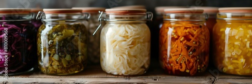 Colorful pickled vegetables in sealed glass jars on wooden shelf photo