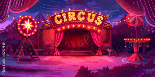 Flat glossy vector style illustration of circus tent entrance and stage. Pink and purple lights color palette. photo