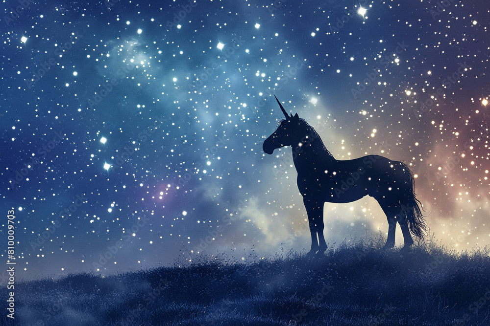 Starry night with a unicorns silhouette auroras and constellations framing its grace 