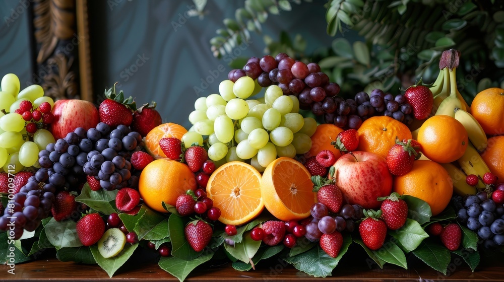 Craft an image of a group of fruits arranged in a decorative centerpiece