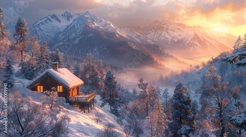 Looking out to a mountain landscape from a balcony from A modern cabin in a mystical forest in the winter.