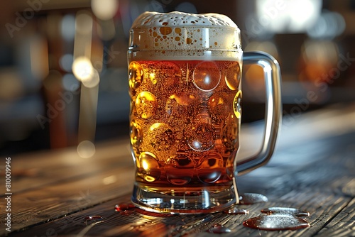 Mug of beer on a wooden table in a pub, Close-up