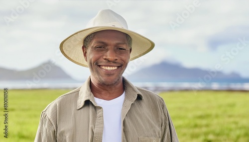 Portrait of happy senior farmer standing in field