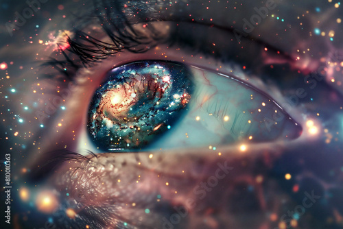 Ojo humano intrincadamente detallado, donde la vasta extensión del espacio, llena de galaxias distantes, estrellas radiantes y fenómenos cósmicos, se refleja dentro del ojo. photo