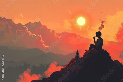 A person sitting on top of a mountain while smoking a cigarette. Suitable for outdoor and relaxation concepts