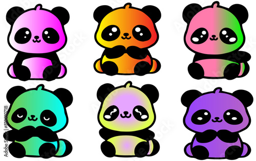 Set of 6 cute kawaii panda bears with funny faces, good for stickers