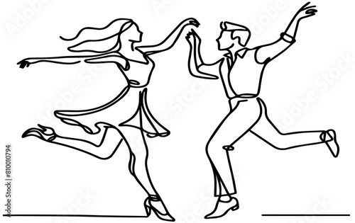 Party dance hand drawn outline, Dancing couple. A man and a woman perform a ballroom dance, Continuous one line drawing man and woman dancing