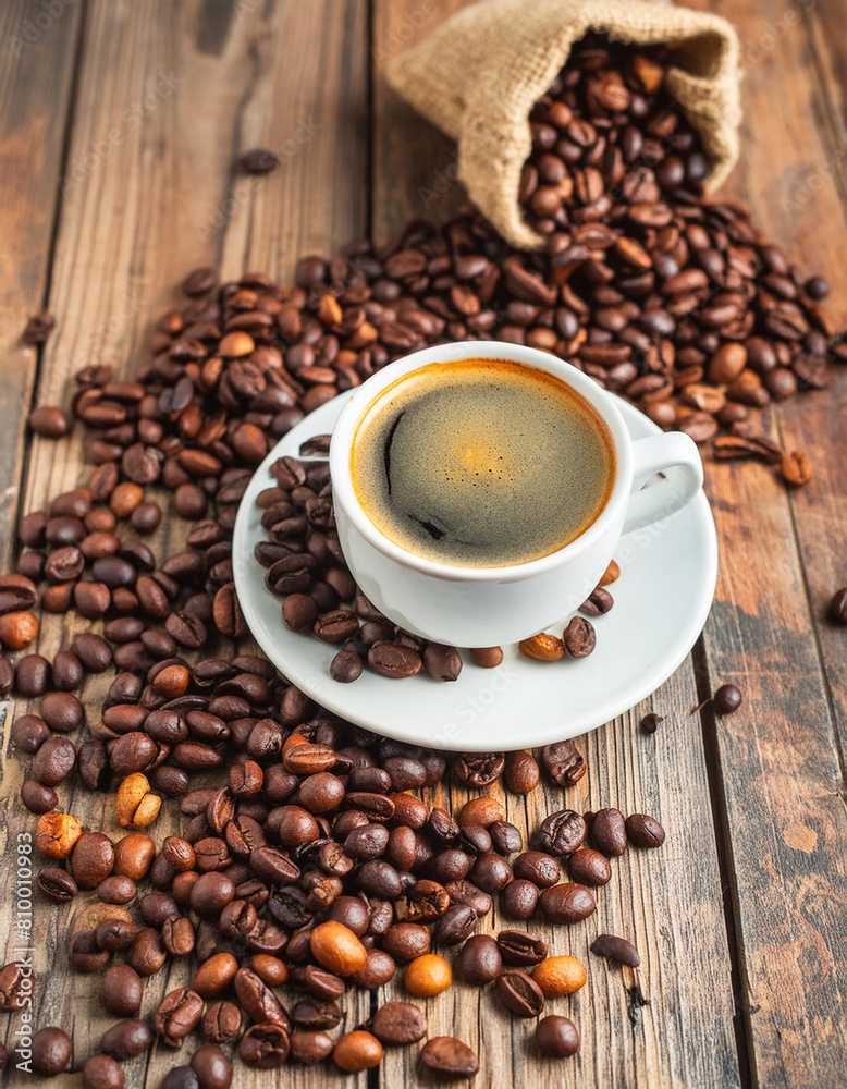 Cup of coffee and beans on an old kitchen table. Coffee grower. A hot morning invigorating drink. Place for text. Copy space Cup of coffee and beans on an old kitchen table. Coffee grower. A hot morning invigorating drink. Place for text. Copy space