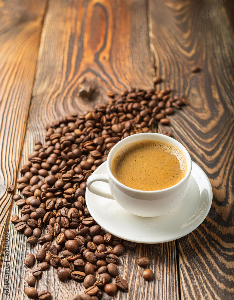 Cup of coffee and beans on an old kitchen table. Coffee grower. A hot morning invigorating drink. Place for text. Copy space Cup of coffee and beans on an old kitchen table. Coffee grower. A hot morning invigorating drink. Place for text. Copy space