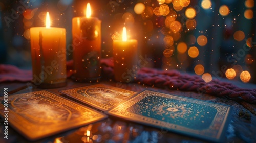 Tarot cards laid out on a richly decorated table with flickering candle flames casting soft reflections on a dark evening