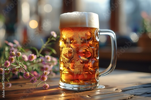 Mug of beer on a wooden table in a pub with flowers
