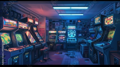 retro arcade room with old video game machines with soft neon lights in high resolution