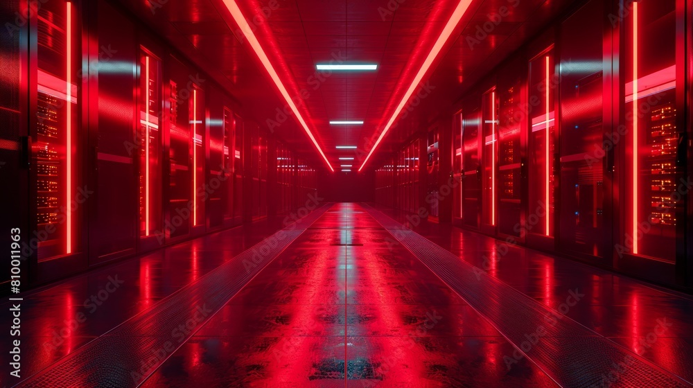 Neon red lights illuminate an advanced data center with reflective surfaces and dynamic data screens.