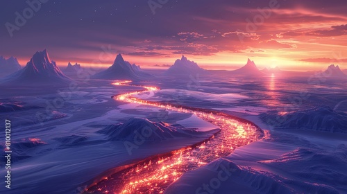 Luminous digital streams snake through an alien terrain at sunset with soft-glowing horizons and stark peaks photo