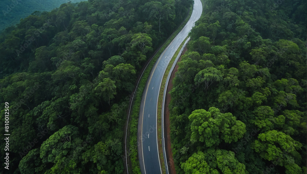Aerial top view beautiful curve road on green forest in the rain season.

