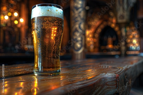 Glass of beer on a wooden table in a pub,  Close-up photo