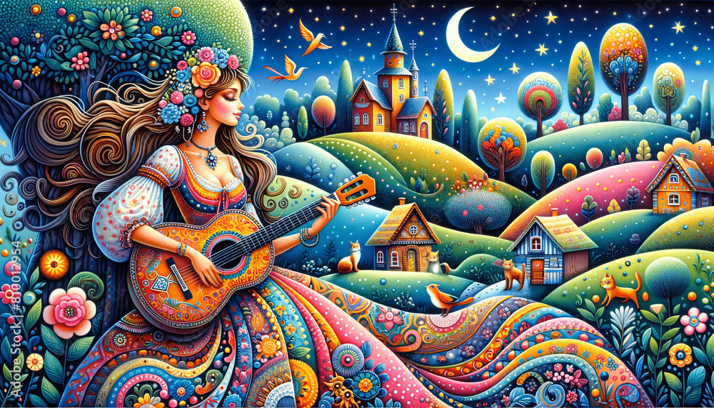 A charming illustration of a woman playing a guitar in a vibrant, whimsical landscape. She is depicted in a colorful A charming illustration of a woman playing a guitar in a vibrant, whimsical landscape. She is depicted in a colorful