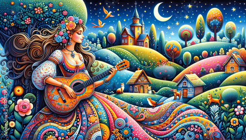 A charming illustration of a woman playing a guitar in a vibrant  whimsical landscape. She is depicted in a colorful
