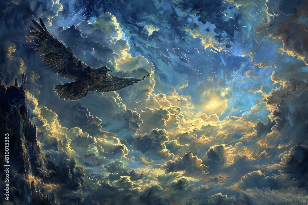 rendering of a bald eagle flying in the sky with clouds Stock ...