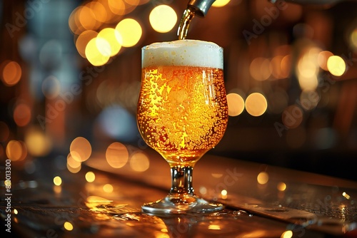 Beer is poured into a glass on the background of the bar