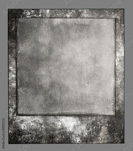 A square border for the top of an old photograph, silver and gray, with space in center to place text or images, gray background, grunge texture, instant film frame.