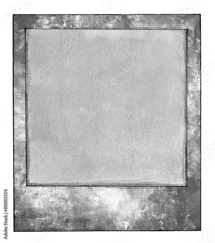 A square border for the top of an old photograph, silver and gray, with space in center to place text or images, white background, grunge texture