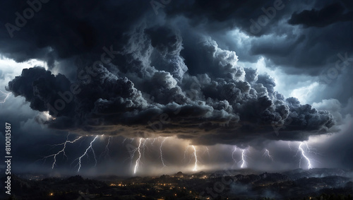 Black storm clouds with lightnings and smoke isolated on transparent background.  