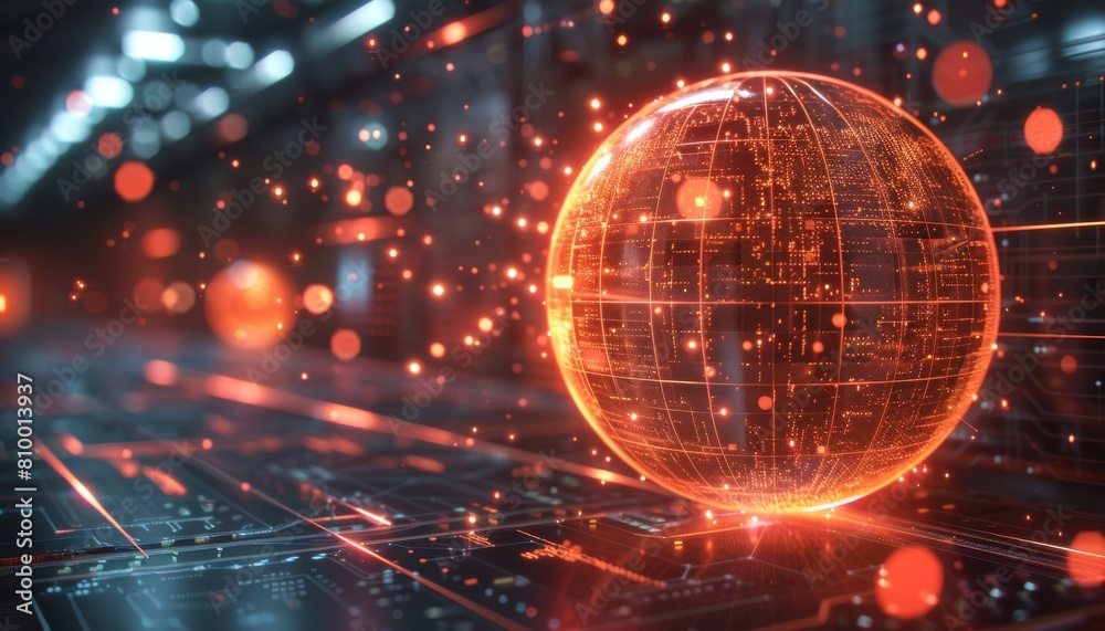 Obraz premium Vibrant 3D hologram of a quantum computer core, glowing in cantaloupe and blush colors. Intricate data streams and abstract patterns pulse with intensity.
