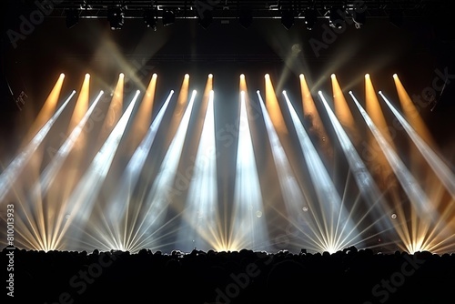 A captivating concert stage backlit by powerful beams that pierce the darkness, highlighting an electrifying atmosphere photo