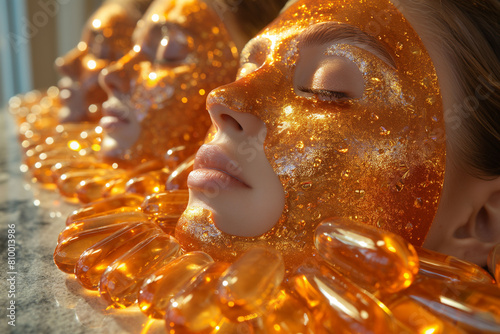 Womans faces covored with sparkling omega 3 golden face mask surrounded with capsules, skin and face treatments for better and healthy skin with nutrients and vitamins. photo