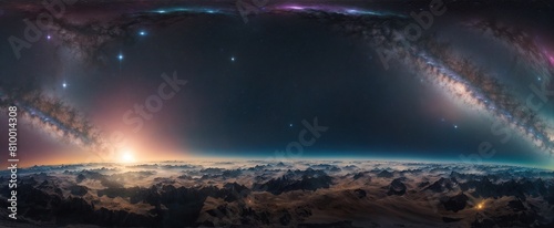 360 degree equirectangular projection space background with nebula and stars, environment map. HDRI spherical panorama photo
