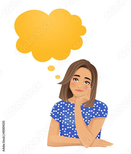 Young beautiful sad woman thinking. Isolated vector illustration