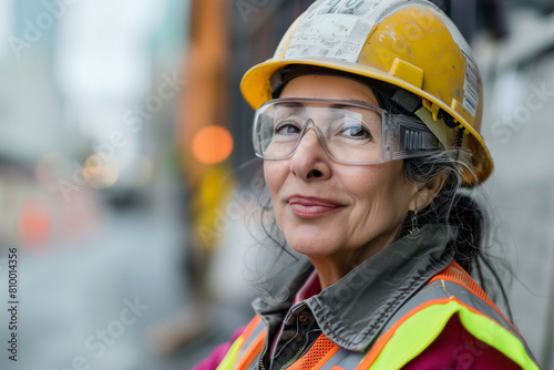 A woman working on a construction site, wearing a safety helmet and work vest, with a slight smile on her face, expressing confidence and experience, perhaps middle-aged or older.