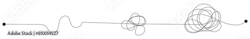 
Complex and easy simple way from start to end, path from point A to B with black thread. Chaos mind brain, problem solving and business solution searching challenge concept. Hand drawn vector doodle 