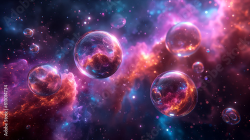 Luminous purple pink orbs drifting through a cosmic void with glowing glitter particles dust, abstract background wallpaper, Shiny transparent gradient backdrop. Strong depth of field