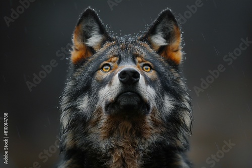 Portrait of a wolf in the rain  close-up