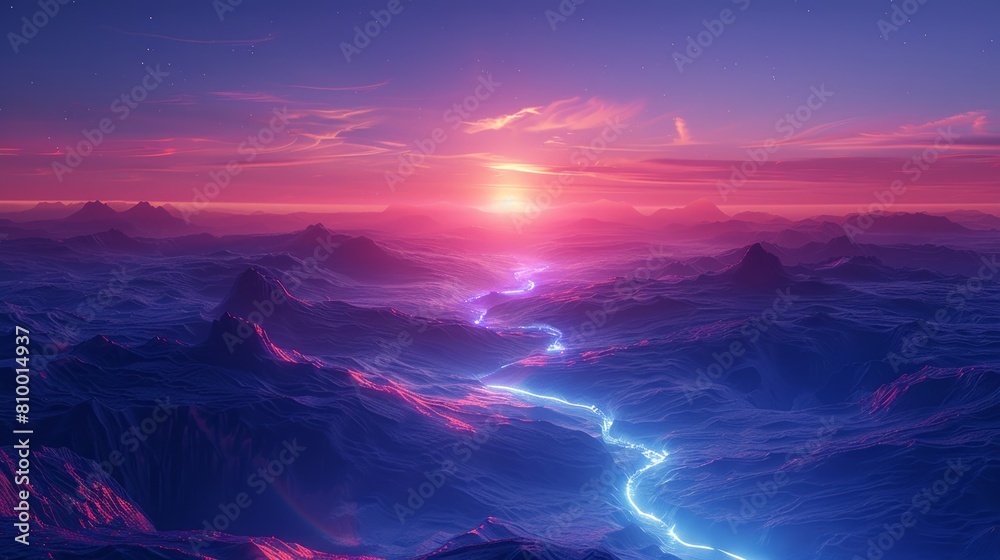Luminous digital streams snake through an alien terrain at sunset with soft-glowing horizons and stark peaks