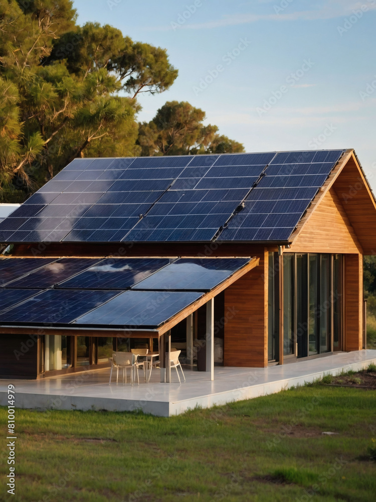Explore alternative energy, Modern home equipped with photovoltaic solar panels.