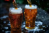 Pouring beer into a glass on a dark background with splashes