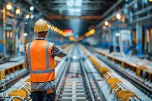 Engineer or construction worker in high-visibility gear inspecting tracks in a railway station.