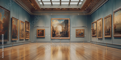 a luxury classic museum interior, antique valuable oil paintings in canvas on the walls