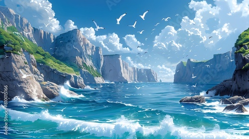 A beautiful ocean scene with a rocky shoreline and a few birds flying in the sky photo