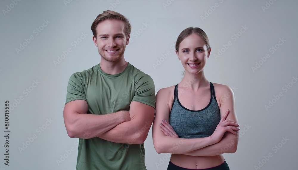 Young smiling man and woman in athletic wear standing with arms crossed on a white background Young smiling man and woman in athletic wear standing with arms crossed on a white background