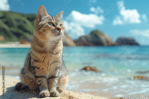 Cute tabby cat sitting on the beach and looking at the sea