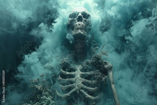  rendering of a skeleton in a cloud of toxic smoke photo