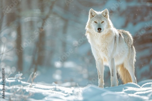 Portrait of a beautiful white wolf standing in the snowy forest