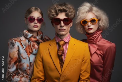 Three models in colorful outfits and oversized sunglasses posing