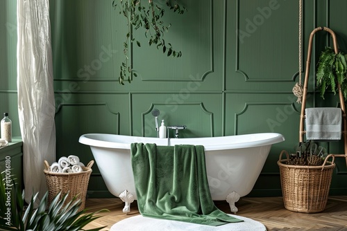 Stylish bathroom design with green painted panels on the wall. Bath  towels  rattan baskets and other personal accessories. 